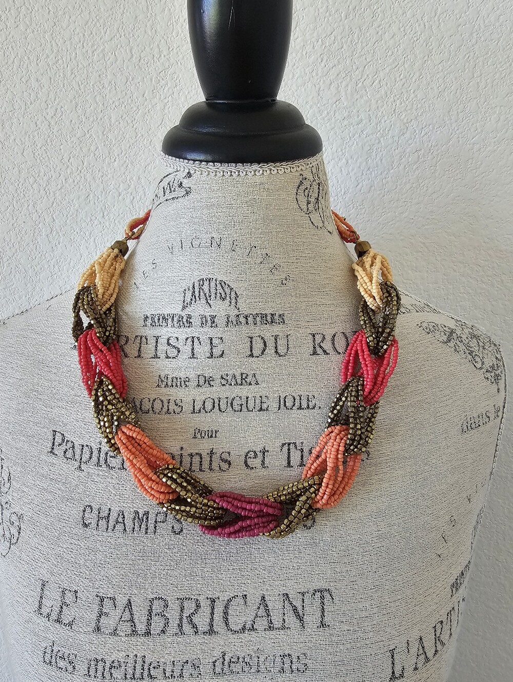 Susan Graver Multi-Strand Braided Seed Bead Statement Necklace - Coral, Mauve